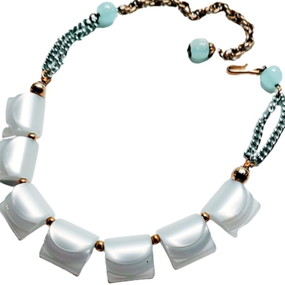 1960s Vintage Silvery Grey Carved Moon Glow Lucite Necklace With Blue Beads